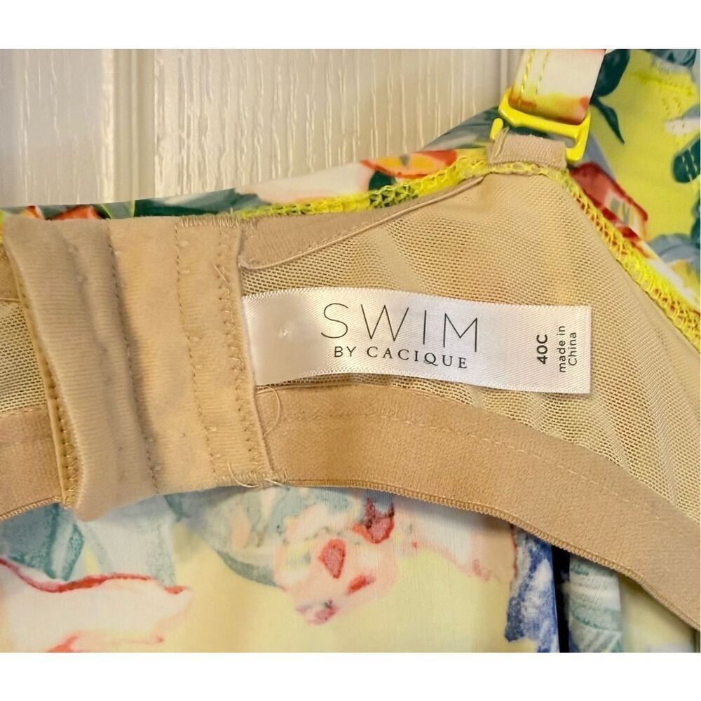 Cacique Women Tankini Swim Top In Yellow Floral Print Lattice Slit Plus Size 40C - Picture 13 of 15